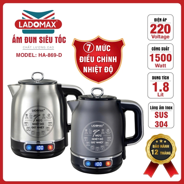 Ấm đun siêu tốc giữ nhiệt 1.8L Inox 304 Ladomax Ha-869D, điện tử (1tx12)