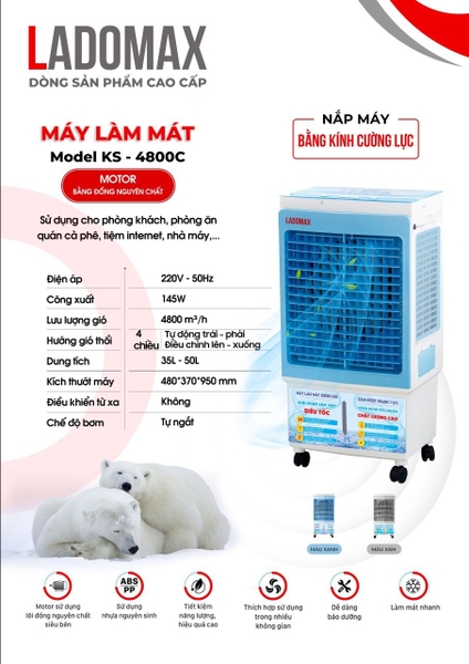 Quạt làm mát 145W Ladomax KS-4800C lưu lượng gió 4800m3/h, dung tích 35-50L, làm mát phòng từ 30m2