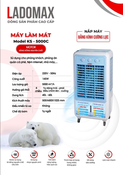 Quạt làm mát 145W Ladomax KS-5000C lưu lượng gió 5.000 m3/h, dung tích 40 - 60Lit, làm mát phòng từ 30m2