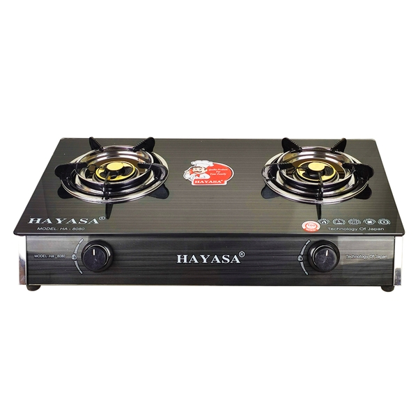 Bếp ga kiếng đôi Hayasa Ha-8080 (KM) đầu đốt đồng, điếu inox SS430, kiềng men 5ly