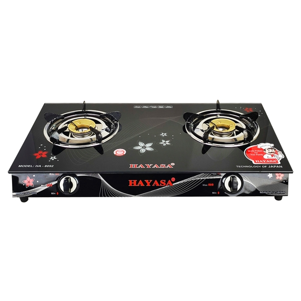 Bếp ga kiếng đôi Hayasa Ha-8092 (HSĐ) đầu đốt đồng vàng Japan, điếu inox SS410