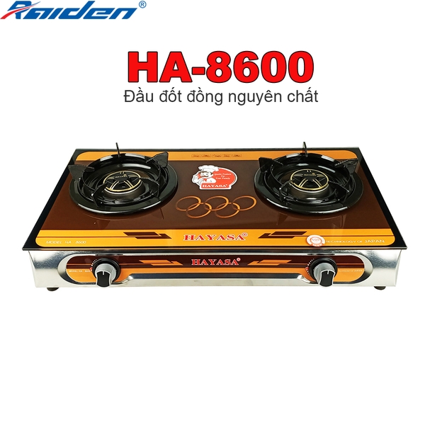 Bếp ga kiếng đôi Hayasa Ha-8600 đầu đốt đồng, điếu inox 304 hộp, kiềng men 5 ly