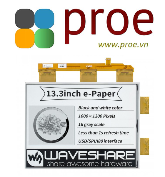 13.3inch e-Paper e-Ink Raw Display, 1600×1200, Black / White, 16 Grey Scales, Parallel Port, Without PCB