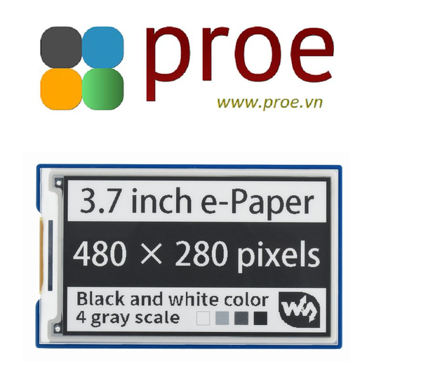 3.7inch e-Paper e-Ink Display HAT For Raspberry Pi, 480×280, Black / White, 4 Grey Scales, SPI