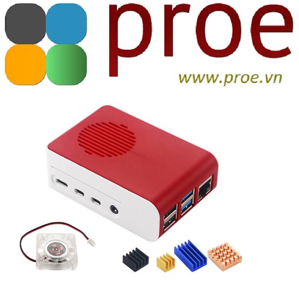 Vỏ nhựa trắng đỏ Raspberry Pi 4 kèm quạt, tản nhiệt, LED trợ sáng