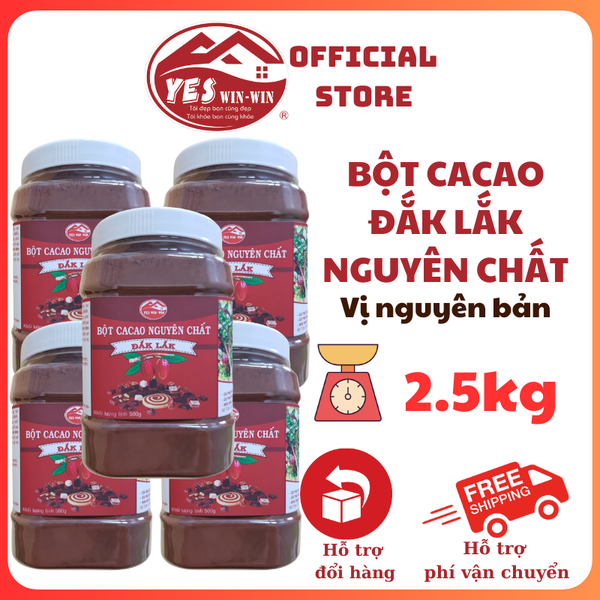 2.5kg Bột Cacao Nguyên Chất từ Đắk Lắk - 5lon x 500g - Hương vị Thơm Ngon Đậm Đà Không Đường - Yeswinwin