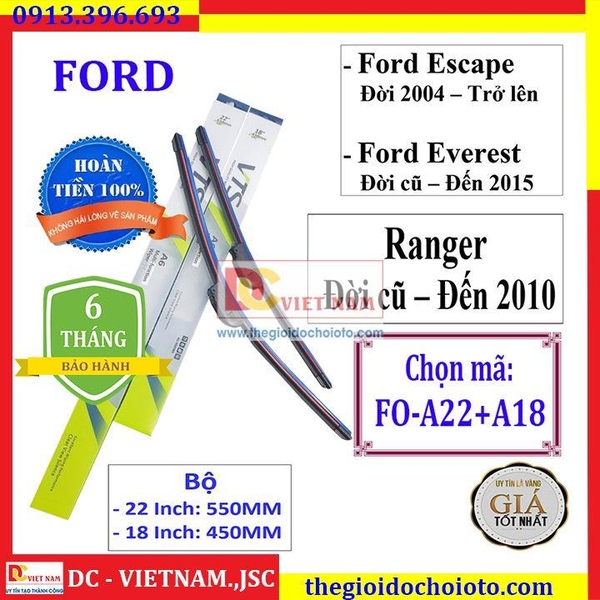 Bộ 2 thanh gạt nước mưa ô tô Nano xương mềm cao cấp dành cho hãng xe Ford: Transit-Ecosport-Everest-Focus-Fiesta-Ranger-Mondeo-Escape-Mustang