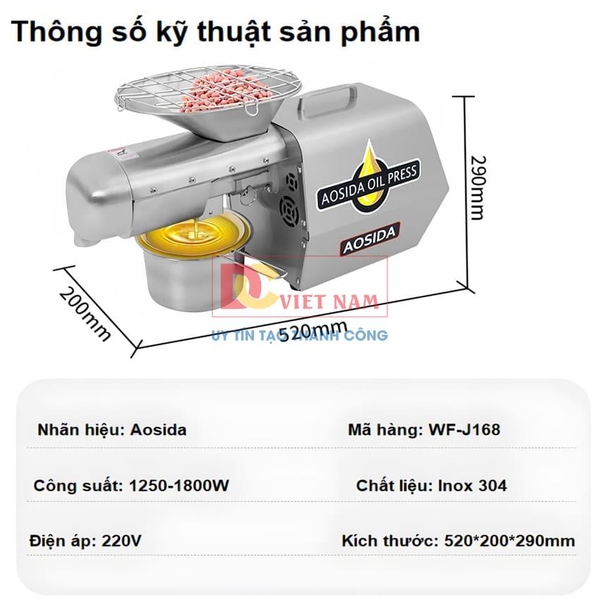 Máy ép dầu thực vật Nóng và Lạnh, dùng trong gia đình hoặc nhà hàng. Thương hiệu AOSIDA cao cấp WF-J168
