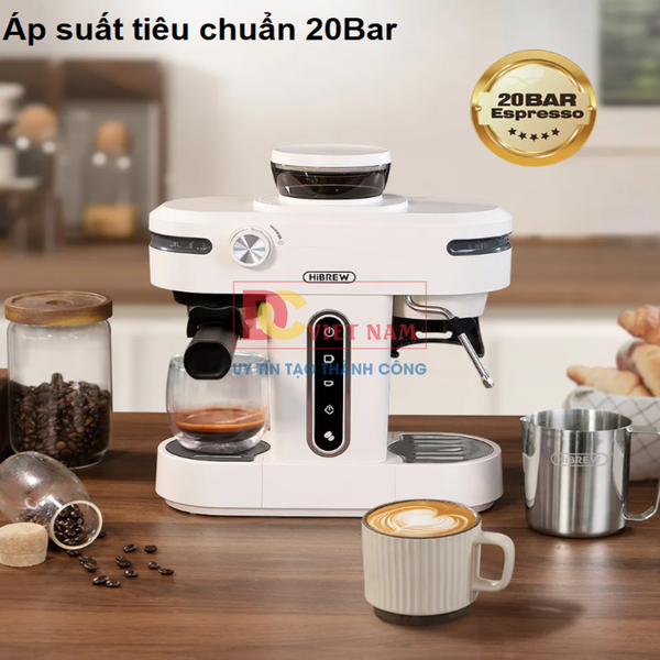 Máy pha cà phê bán tự động 3 trong 1 Espresso, Cappuccino, Latte. Kết hợp máy xay cà phê 15 chế độ. Thương hiệu Mỹ cao cấp HiBREW - H14