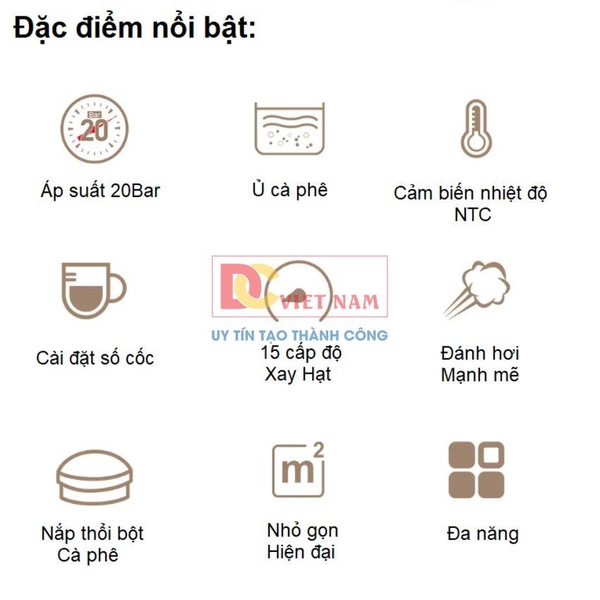 Máy pha cà phê bán tự động 3 trong 1 Espresso, Cappuccino, Latte. Kết hợp máy xay cà phê 15 chế độ. Thương hiệu Mỹ cao cấp HiBREW - H14