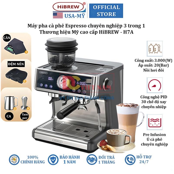 Máy pha cà phê Espresso chuyên nghiệp 3 trong 1, thương hiệu Mỹ cao cấp HiBREW - H7A (CM5020DI-GS)