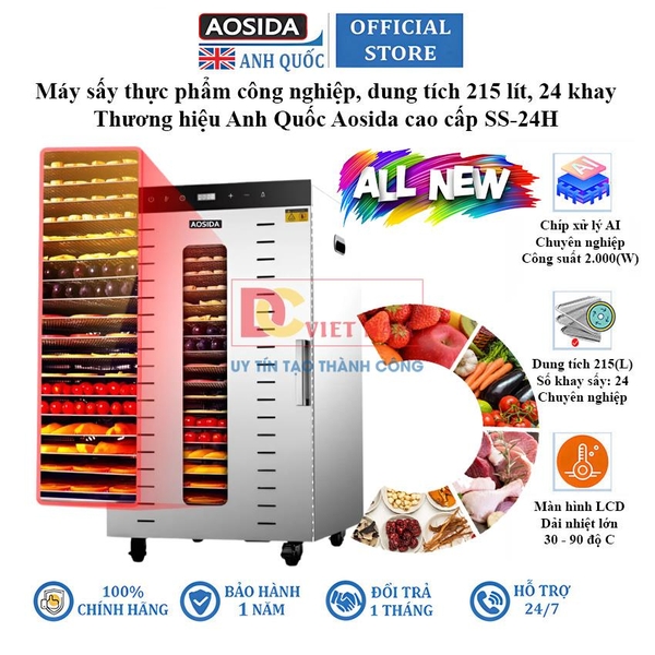 Máy sấy thực phẩm công nghiệp, dung tích 215 lít, 24 khay. Thương hiệu Anh Quốc Aosida cao cấp SS-24H