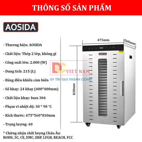 Máy sấy thực phẩm công nghiệp, dung tích 215 lít, 24 khay. Thương hiệu Anh Quốc Aosida cao cấp SS-24H
