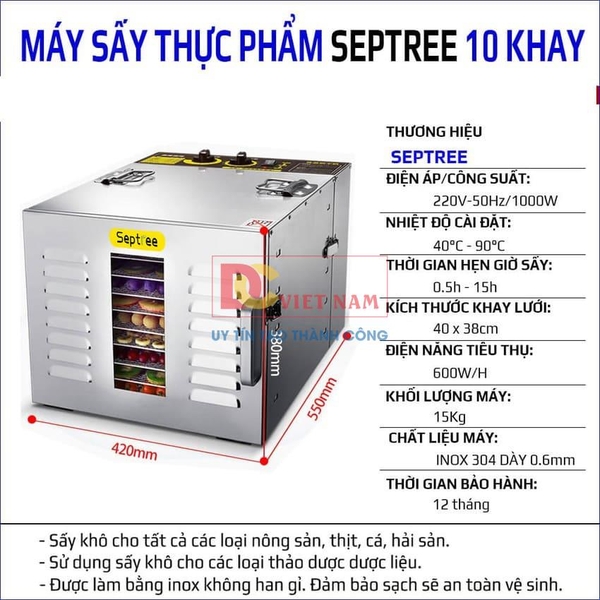 Máy sấy thực phẩm chuyên nghiệp dung tích lớn 59 lít, 10 khay. Thương hiệu Mỹ Septree cao cấp ST-01