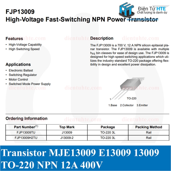 Transistor công suất NPN FJP13009H2 JE13009 E13009 13009 400V 12A TO ...