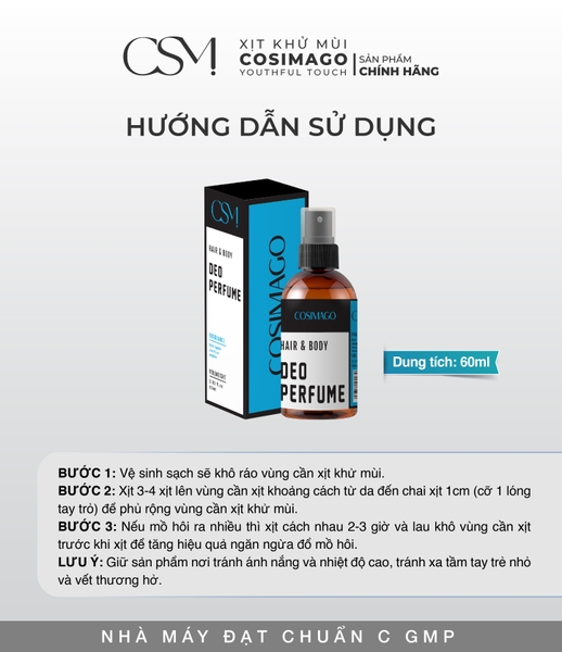 Xịt khử mùi hôi & Kiềm Mồ Hôi Cơ thể ( Nách ,chân ) Cosimago 60ml màu xanh dương