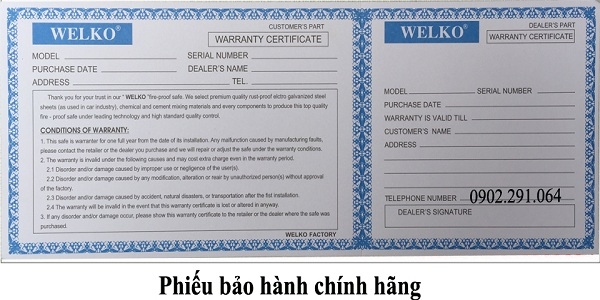 Phiếu bảo hành sản phẩm két sắt Welko KN170 Khóa cơ 