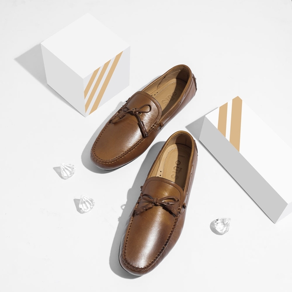 Giày lười da nâu họa tiết nơ 0082