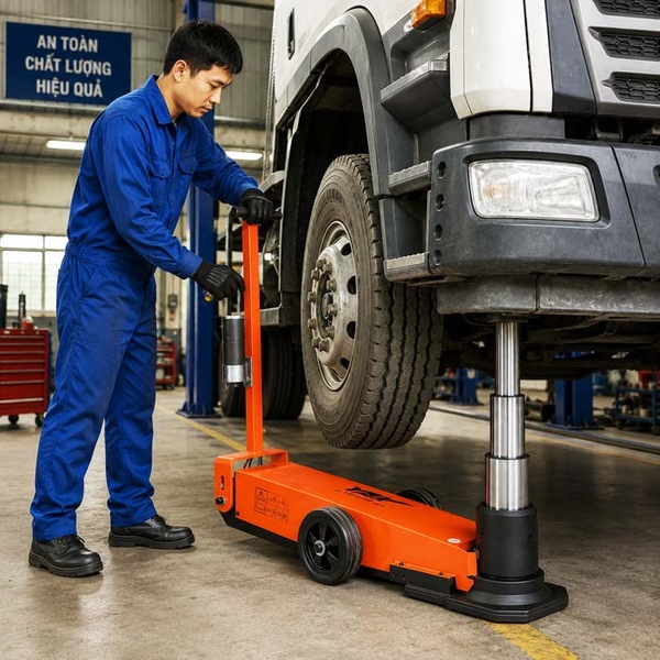 hình ảnh kích thuỷ lực khí nén trong tiệm sửa chữa xe tải