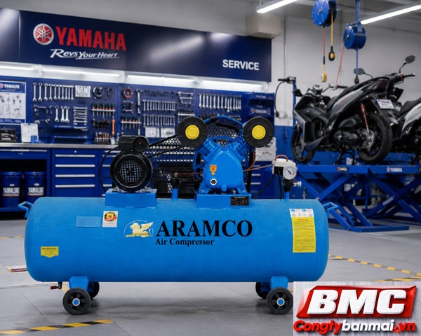 hình ảnh máy nén Aramco 3 HP 3pha 380V V-0.25/8, 120 lít lắp đặt tại tiệm xe máy Honda Yamaha Sơn la