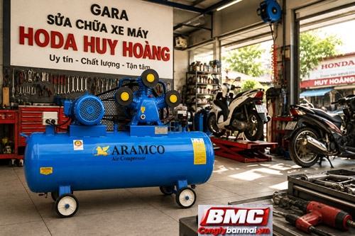 Hình ảnh máy nén hơi Aramco 4 HP W-0.36/8 lắp đặt tai Gara ô tô Huy Hoàng 