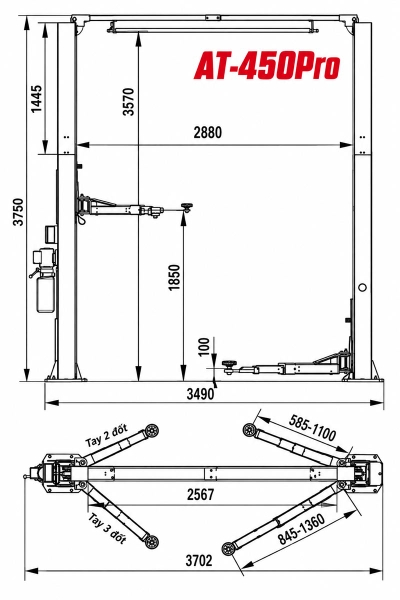 Kích thước cầu nâng 2 trụ 4,5 tấn cổng trên Autolift AT-450Pro