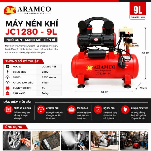 Máy bơm hơi không dầu Aramco 9L JC1280–9L