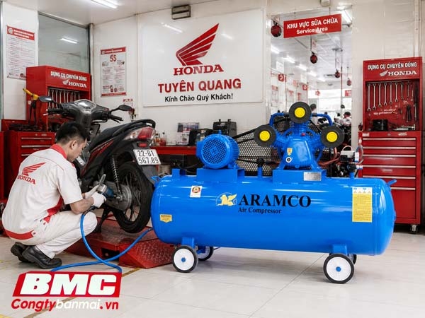 Máy nén Aramco 4 HP 380V W-0.36/8 bình chứa 200 lít tại tiệm sửa chữa xe máy Honda Phú Thọ