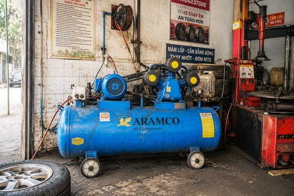 Máy nén Aramco 7,5HP W-0.67/8, bình chứa 200 lít trong tiệm sửa chữa lốp xe hơi