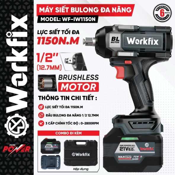 Súng siết bu lông pin Workfix WF-IW1150N