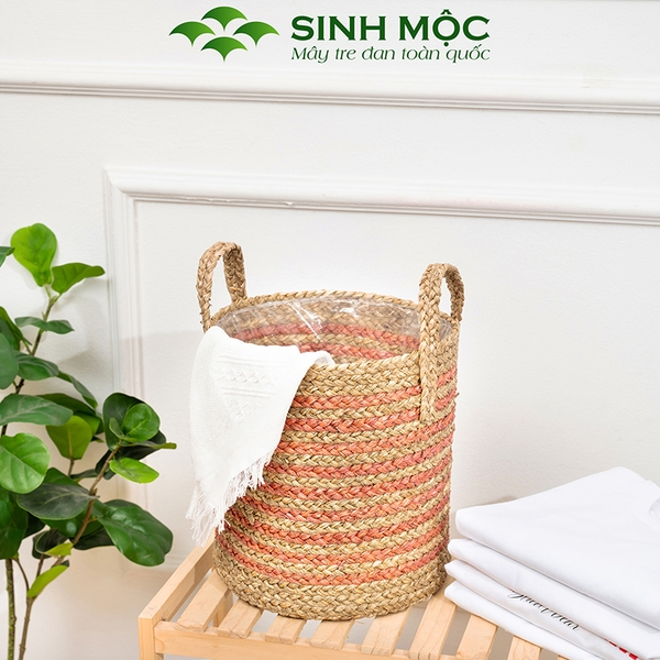 Giỏ cói trồng cây sọc hồng dễ thương, decor chụp ảnh, giỏ cói đựng đồ - M1007