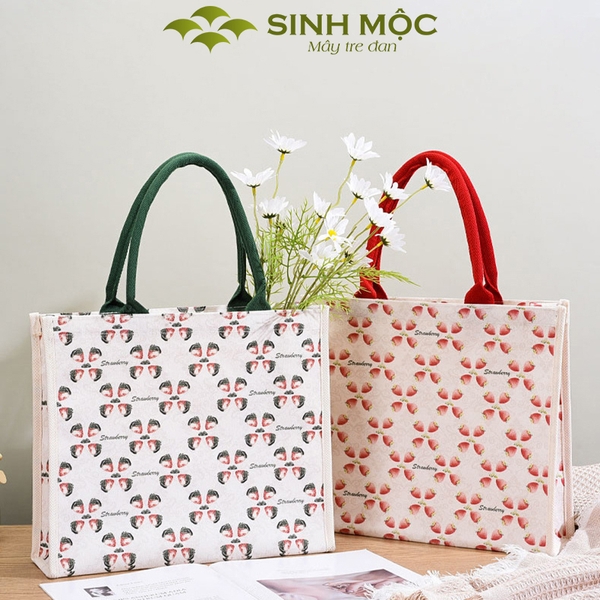Túi canvas, túi họa tiết quả dâu, túi du lịch, túi tote, túi đi biển, túi vải canvas - M3055