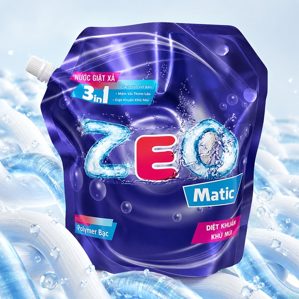 Nước giặt xả ZeO 3in1 Polymer Bạc Diệt Khuẩn Túi 2,2kg