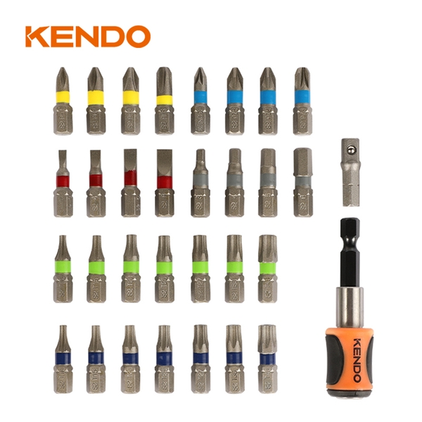 Bộ mũi vít nhiều màu kèm đầu nối bằng thép S2 32 chi tiết Kendo - 32203235