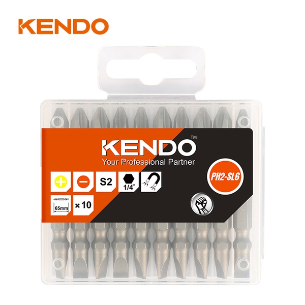 Mũi vít 2 đầu bằng  thép S2 PH2-SL6 × 65mm (10 cái/ bộ) Kendo - 25404732