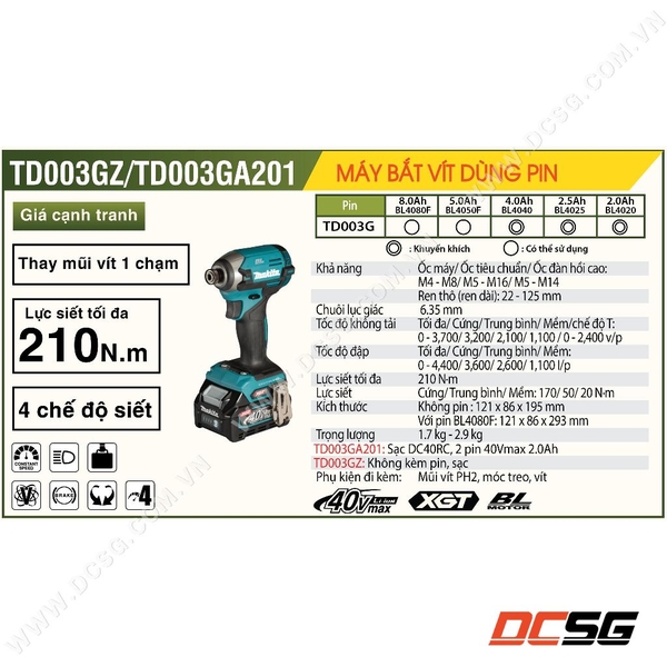 Máy vặn vít dùng pin 40Vmax Makita TD003GZ (thân máy)