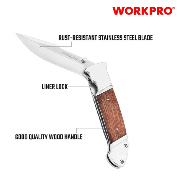 Dao tiện ích gấp gọn cán gỗ Workpro 115mm - 138mm