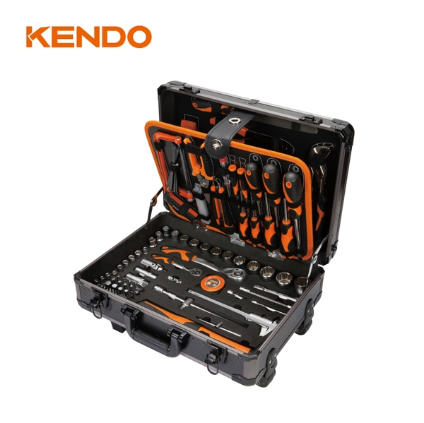 Bộ dụng cụ vỏ nhôm có bánh xe đẩy 161 chi tiết Kendo - 90703