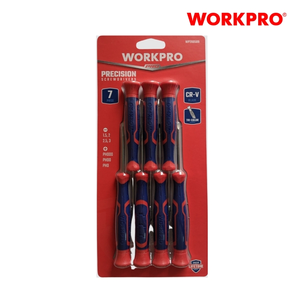 Bộ tua vít 7 cái gồm các tua vít đầu hình hoa khế, đầu dẹt, thép hợp kim CR-V Workpro WP200509