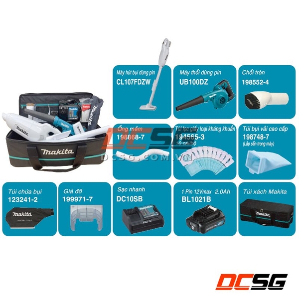 Bộ sản phẩm (cl107fdzw+ub100dz+bl1021b*1+dc10sb+túi đựng)(12v max) Makita CLX246SAX2