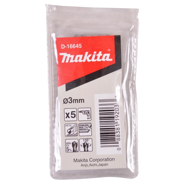 Mũi khoan Inox 3.0x61mm Hss-Co 5% (5 mũi/bộ) Makita D-16645