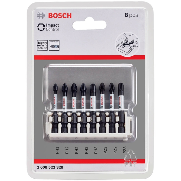 Bộ 8 đầu vặn vít Pick & Click Impact Control 50mm PH1, PH2 (3x), PH3, PZ2 (2x), PZ3 Bosch 2608522328