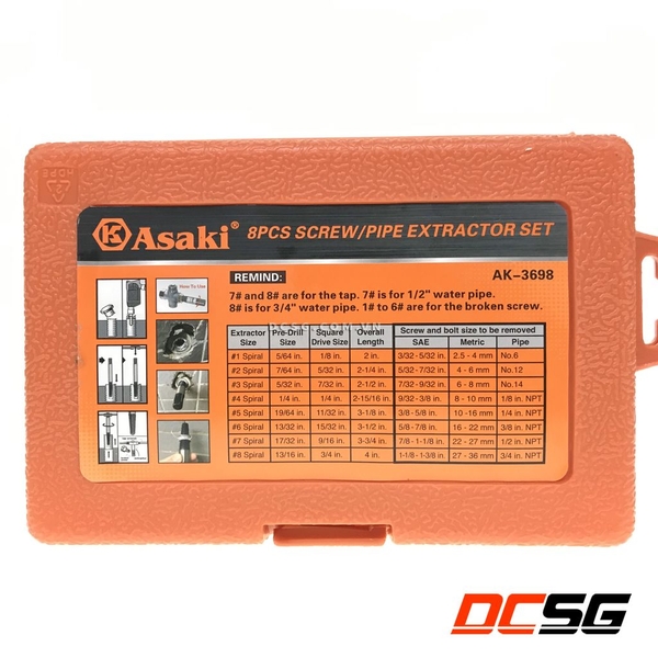 Bộ mũi ren lấy đầu ống nước gãy 8 Asaki pcs AK-8PCS