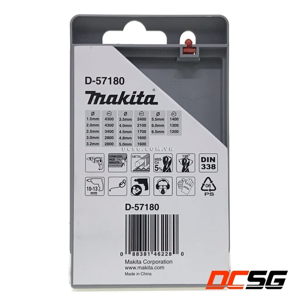 Bộ mũi khoan kim loại và Inox 1.5-6.5mm Hss-Co 5% Makita D-57180 (13 chi tiết/bộ)