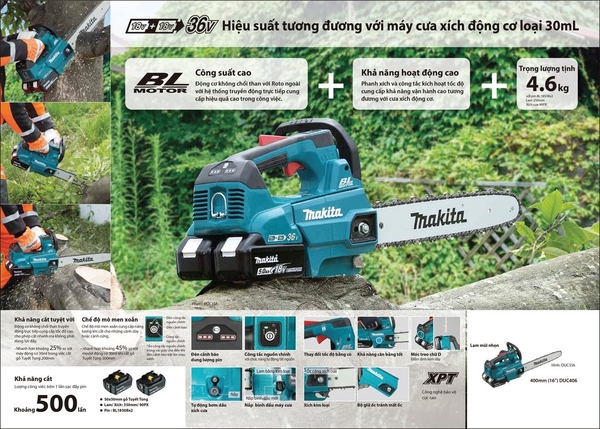 Máy cưa xích 400mm dùng pin 18Vx2 Makita DUC406Z (không pin sạc)