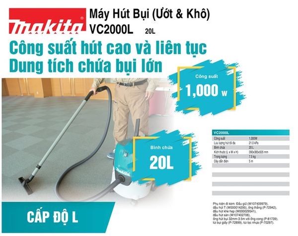 Máy hút bụi 20L dùng điện Makita VC2000L (ướt và khô)