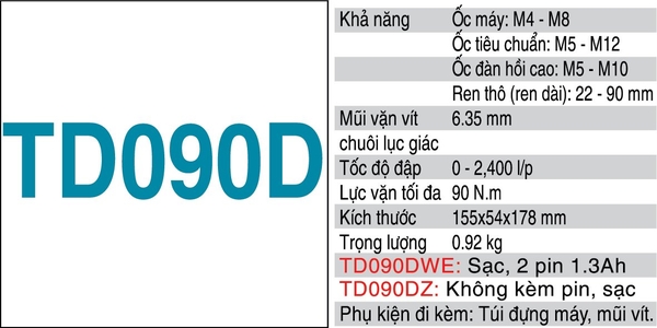 Máy vặn vít 90N.m dùng pin 10.8V Makita TD090DZ (không pin sạc)