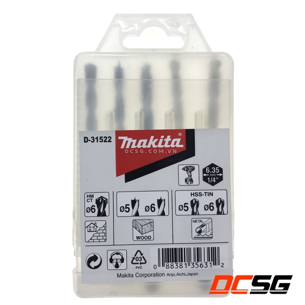 Bộ mũi khoan chuôi lục giác 1/4'' Makita D-31522 (5 chi tiết/bộ)