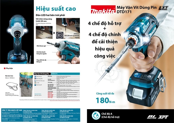 Máy vặn vít 180N.m dùng pin 18V Makita DTD171TJAR