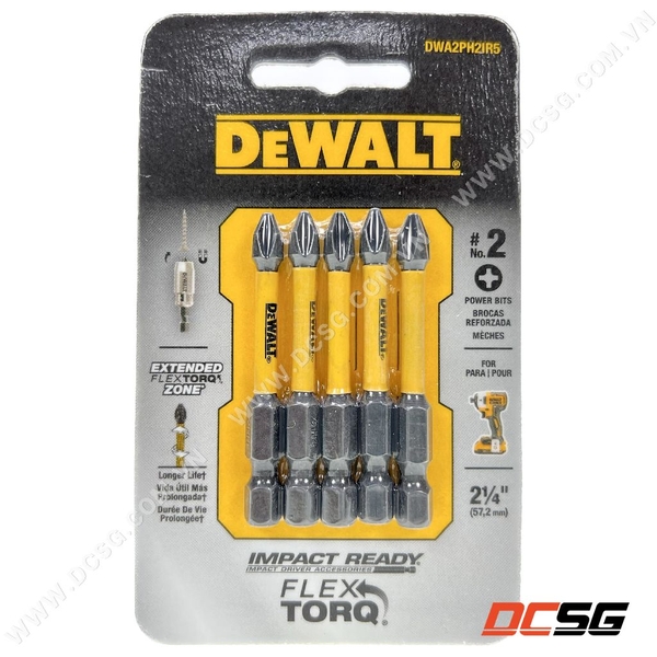 Mũi vít bake 1 đầu Ph2x57.2mm DEWALT FLEXTORQ DWA2PH2IR5